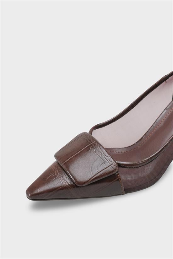 Capone Fidela Mesh Pointed Toe Croc Effect Mid Heel Women Brown Shoe image 5