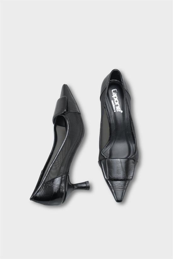 Capone Fidela Mesh Pointed Toe Croc Effect Mid Heel Women Black Shoe image 6