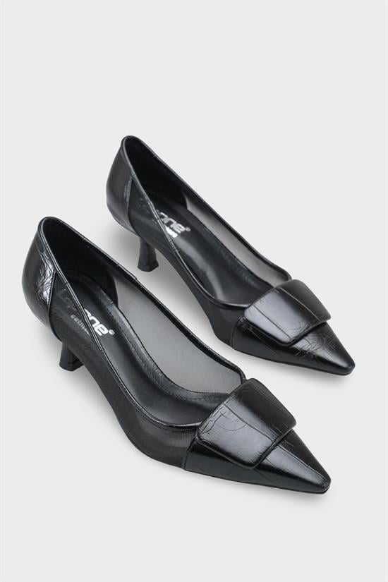 Capone Fidela Mesh Pointed Toe Croc Effect Mid Heel Women Black Shoe image 3