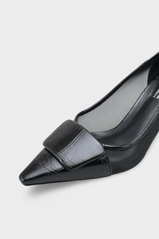 Capone Fidela Mesh Pointed Toe Croc Effect Mid Heel Women Black Shoe image 4