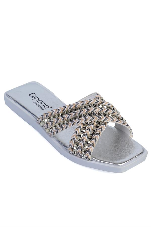 Capone Kyla Flat Heel Blunt Toe Metallic Cross Strap Women White Sandals