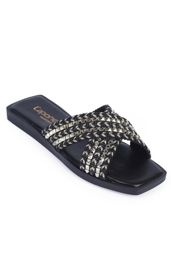 Capone Kyla Flat Heel Blunt Toe Metallic Cross Strap Women Black Sandals
