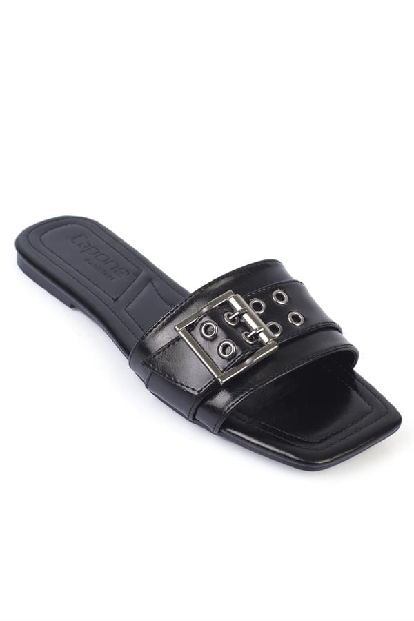 Capone Flat Heel Metal Buckle Blunt Toe Women Black Sandals image 1