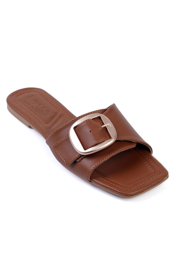 Capone Flat Heel Metal Buckle Blunt Toe Women Tan Sandals image 1