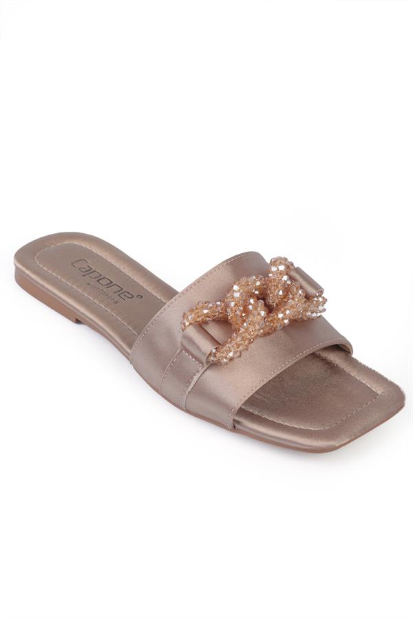 Capone Katlin Flat Heel Satin Crystal Embellished Blunt Toe Women Satin Mink Sandals image 1