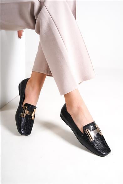 Capone Flat Toe Women Black Loafers With Metal Buckle Accessory image 2