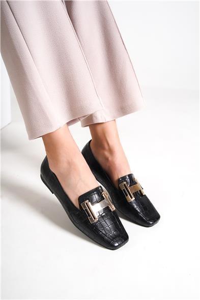 Capone Flat Toe Women Black Loafers With Metal Buckle Accessory image 6