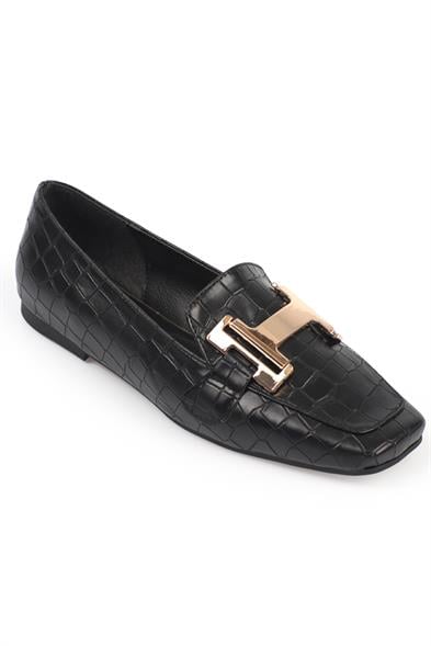 Capone Flat Toe Women Black Loafers With Metal Buckle Accessory image 5