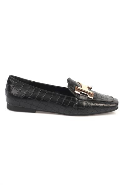 Capone Flat Toe Women Black Loafers With Metal Buckle Accessory image 4