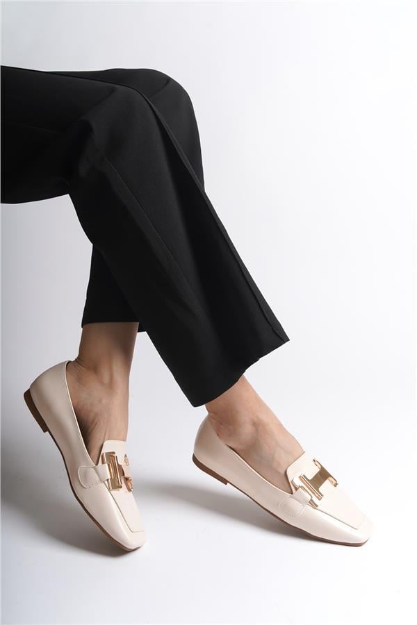 Capone Carey Flat Toe Women Ecru Beige Loafers With Metal Buckle Accessory image 5