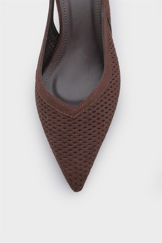 Capone Flori Suede Look Pointed Toe Open Back Mid Heel Women Sued Brown Shoe image 5