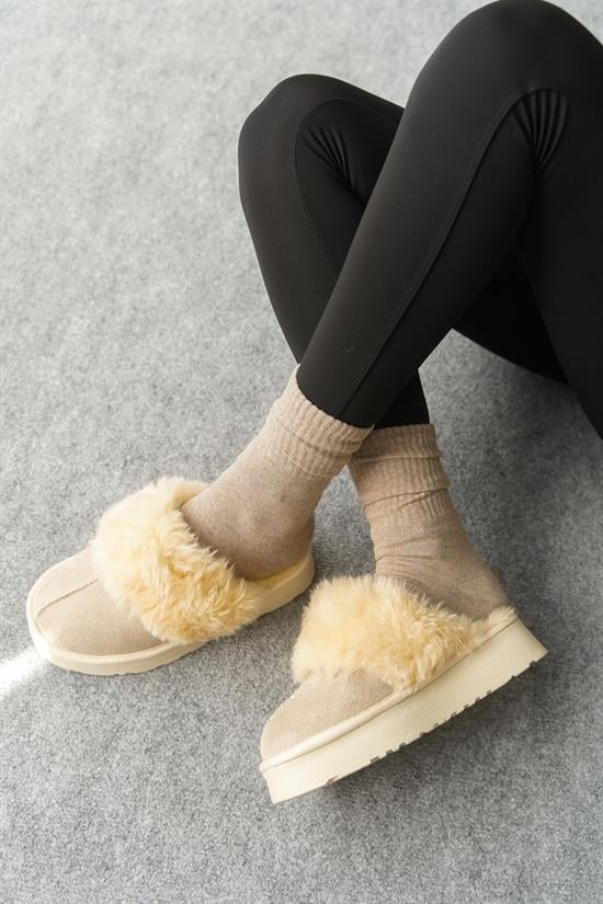 Capone Furry Closed Toe Women Sued Beige Slippers image 2
