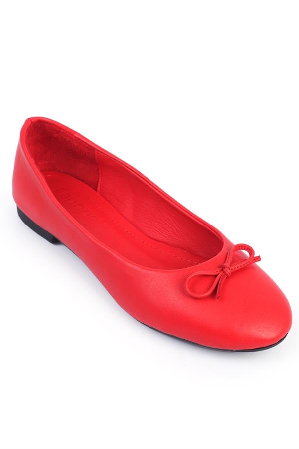 Capone Bloom Genuine Leather Bow Detail Round Toe Women Red Ballerinas