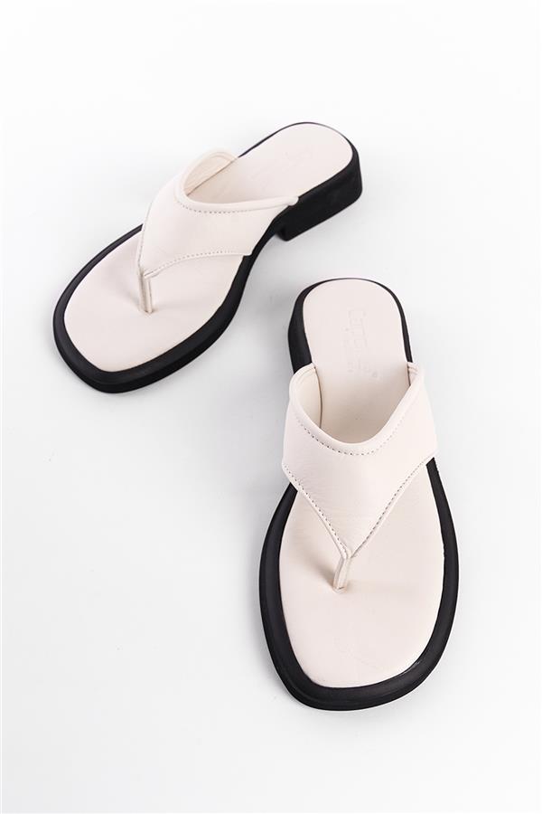 Capone Genuine Leather Comfort Short Heeled Women White Thong Sandals image 4