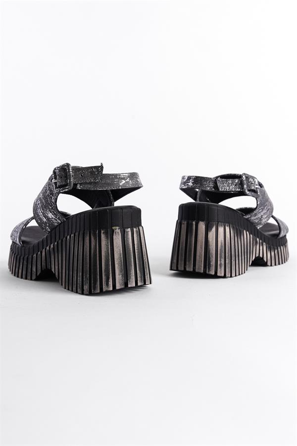 Capone Genuine Leather Denim Double-Strapped Wedge Heel Women Black Sandals image 3