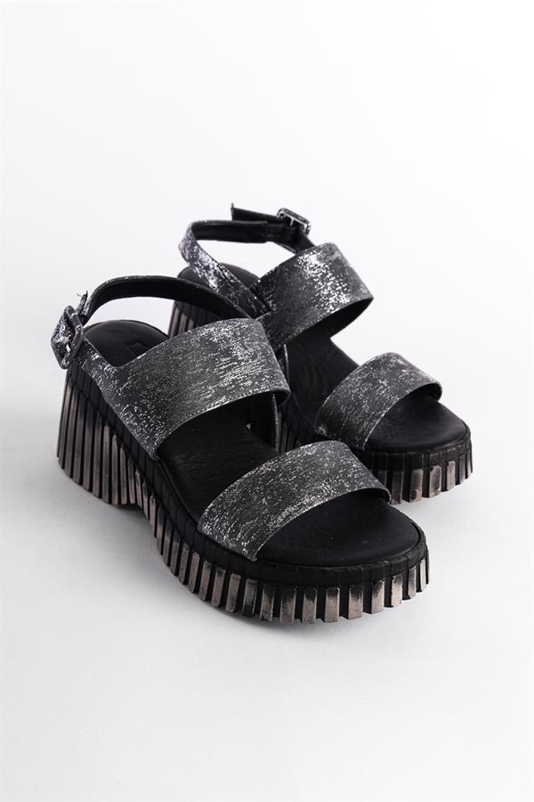 Capone Genuine Leather Denim Double-Strapped Wedge Heel Women Black Sandals image 2