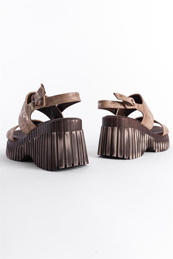Capone Genuine Leather Denim Double-Strapped Wedge Heel Women Mink Sandals image 6