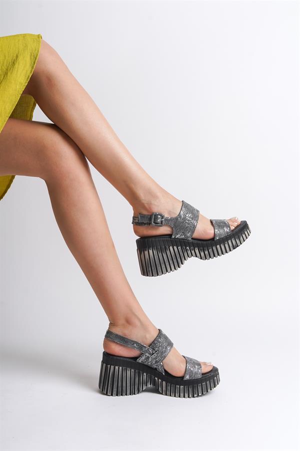 Capone Genuine Leather Denim Double-Strapped Wedge Heel Women Black Sandals image 5