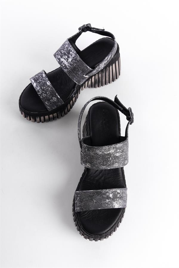 Capone Genuine Leather Denim Double-Strapped Wedge Heel Women Black Sandals image 4