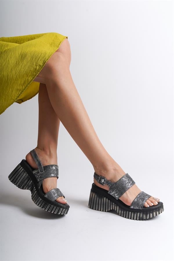 Capone Genuine Leather Denim Double-Strapped Wedge Heel Women Black Sandals image 6