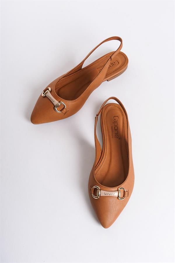 Capone Bobby Genuine Leather Pointed Toe Open Back Buckle Women Tan Ballerinas image 2