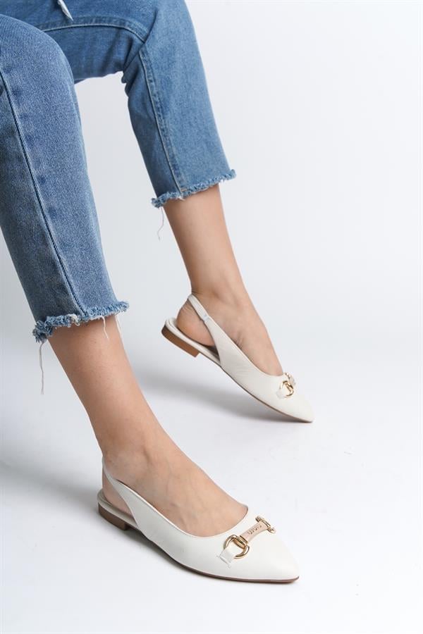 Capone Bobby Genuine Leather Pointed Toe Open Back Buckle Women White Ballerinas image 6