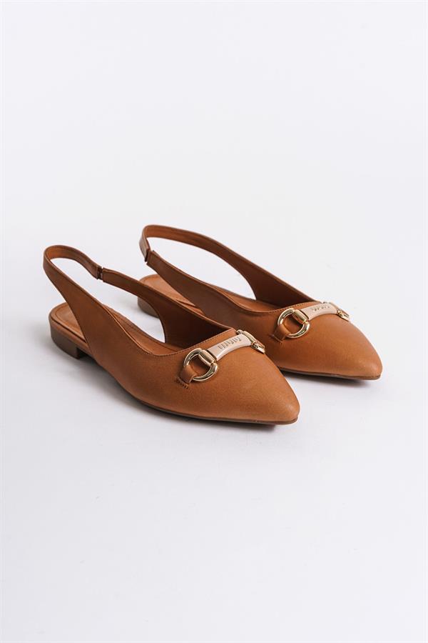 Capone Bobby Genuine Leather Pointed Toe Open Back Buckle Women Tan Ballerinas image 4