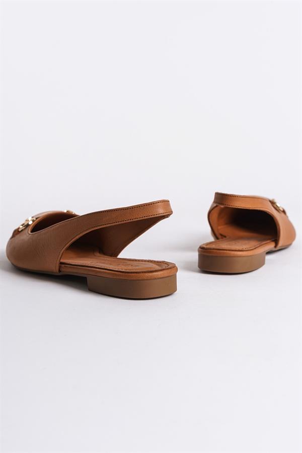 Capone Bobby Genuine Leather Pointed Toe Open Back Buckle Women Tan Ballerinas image 3