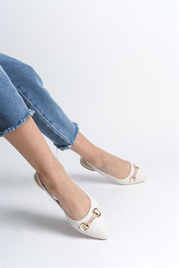 Capone Bobby Genuine Leather Pointed Toe Open Back Buckle Women White Ballerinas image 5