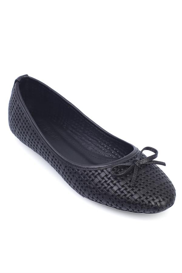 Capone Genuine Leather Raffia Printed Women Black Ballerinas