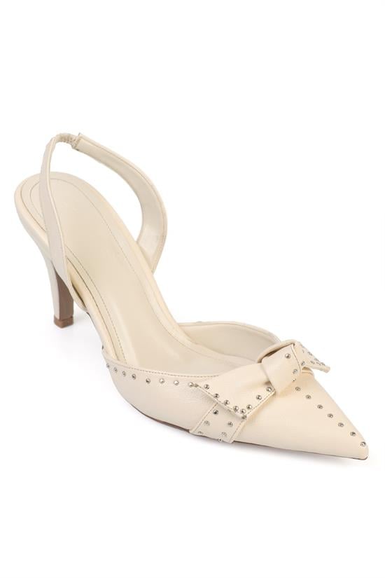 Capone Gisela Mid Heel Metal Studded Bow Detail Open Back Women  Shoe