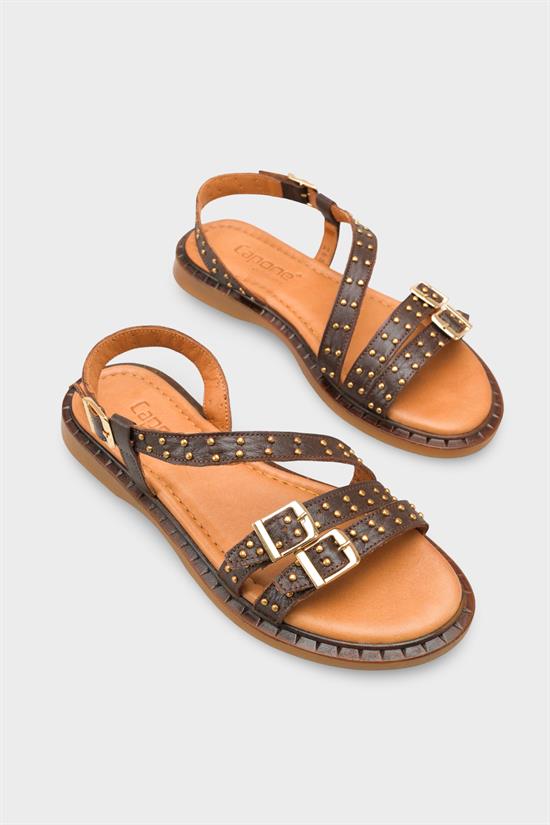 Capone Griselda Genuine Leather Metal Studded Band Flat Heel Women Brown Sandal image 3