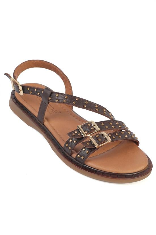 Capone Griselda Genuine Leather Metal Studded Band Flat Heel Women Brown Sandal