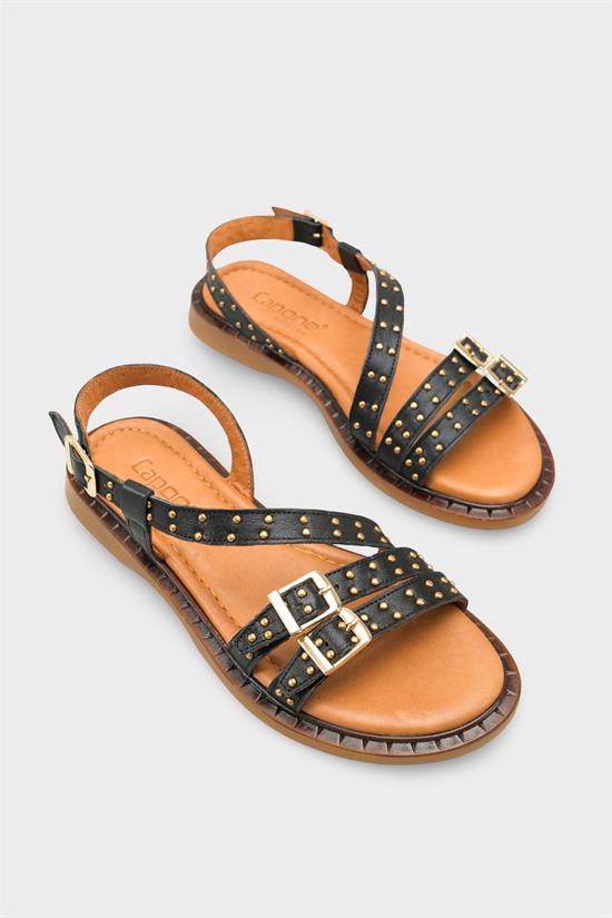 Capone Griselda Genuine Leather Metal Studded Band Flat Heel Women Black Sandal image 3