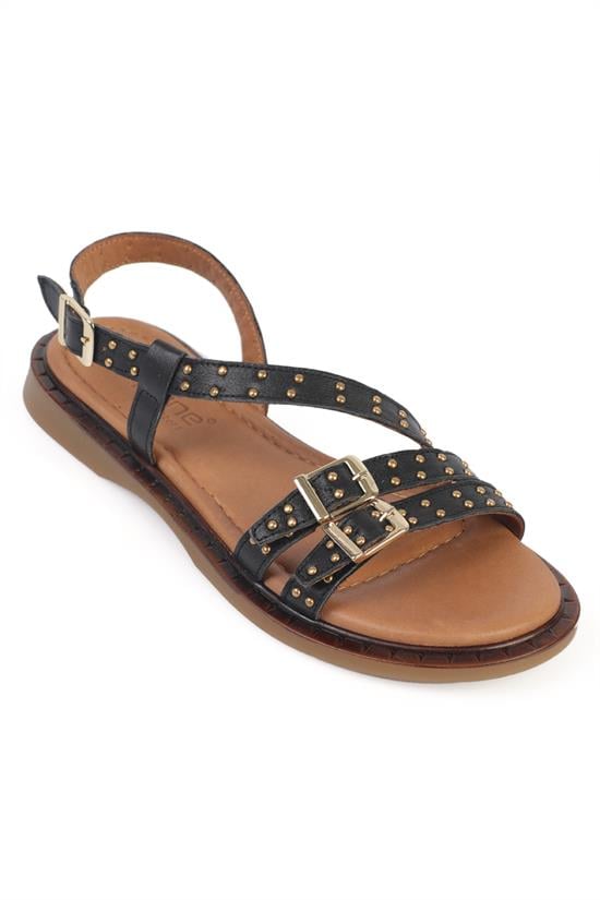 Capone Griselda Genuine Leather Metal Studded Band Flat Heel Women Black Sandal