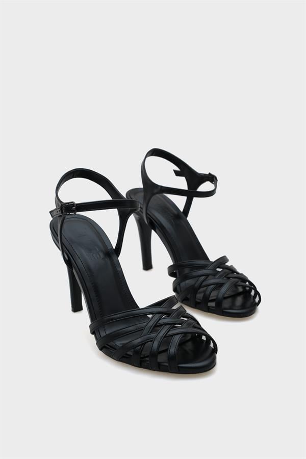 Capone Heeled Lattice Braided Ankle Strap Women Black Sandals image 4