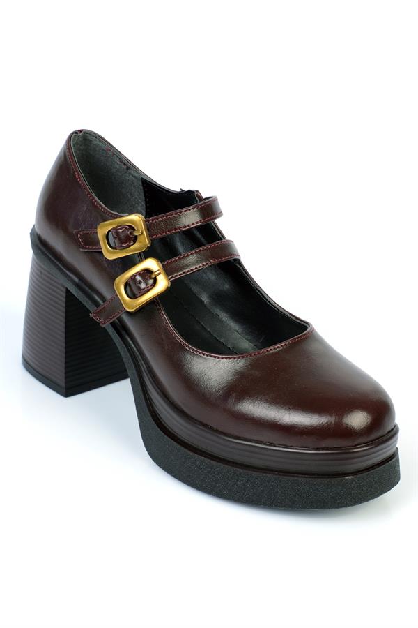 Capone High-Sole Heeled Buckled Mary Jane Women Burgundy Shoes