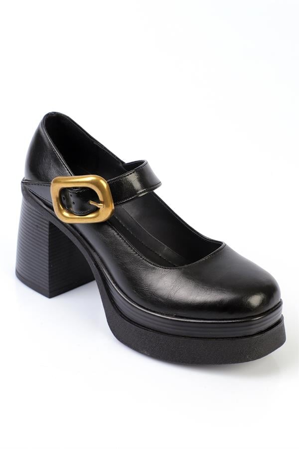 Capone High-Sole Heeled Buckled Mary Jane Women Black Shoes
