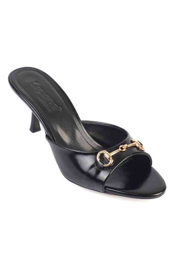 Capone Irena Pointed Toe Metal Buckle Mid Heel Elegant Women Black Sandal