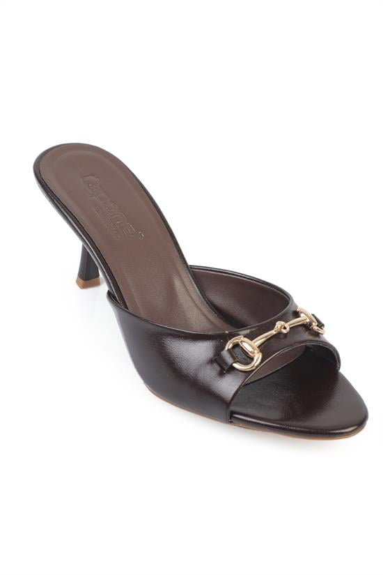 Capone Irena Pointed Toe Metal Buckle Mid Heel Elegant Women Brown Sandal