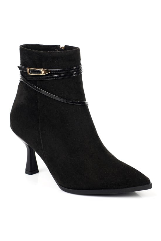 Capone Isabella Buckle Pointed Toe Elegant Heeled Women Sued Black Ankle Boot