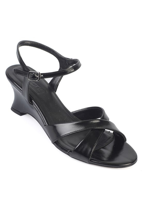 Capone Jasmin Wedge Heel Cross Strap Ankle Tie Elegant Women Black Shoe