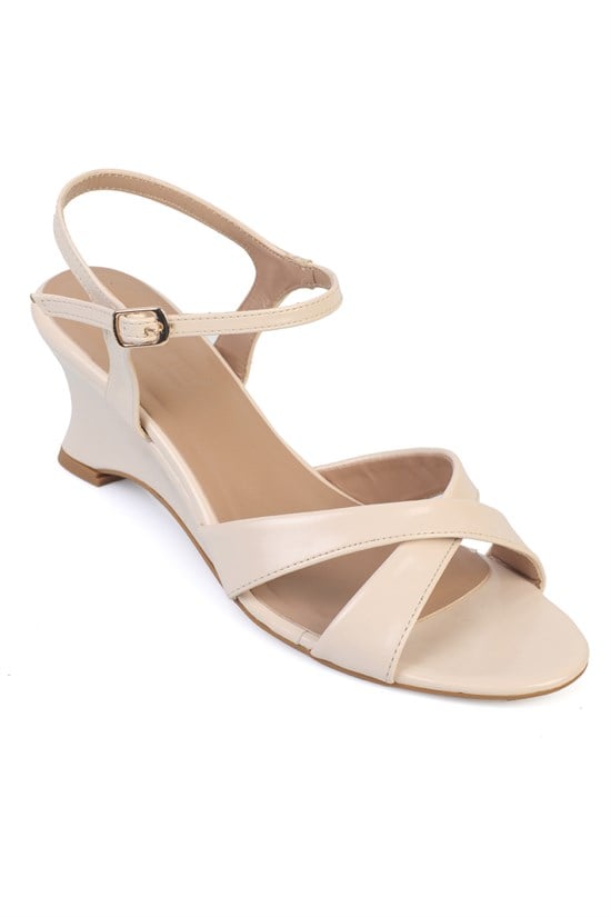 Capone Jasmin Wedge Heel Cross Strap Ankle Tie Elegant Women Ecru Shoe