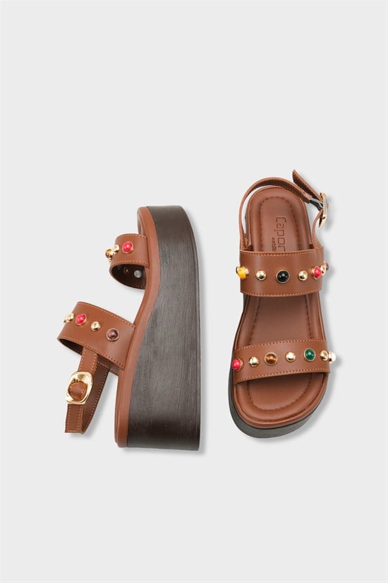 Capone Jennie Wedge Heel Colorful Crystal Embellished Double Band Women Brown Sandal image 3