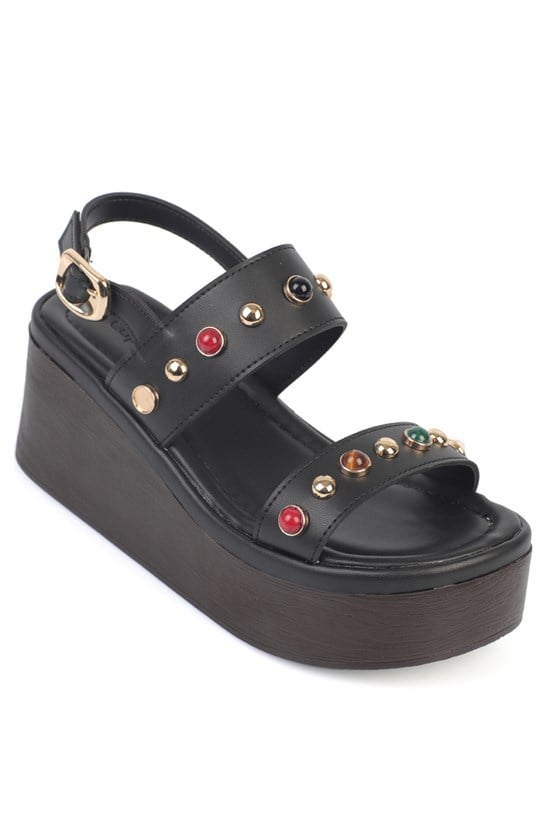 Capone Jennie Wedge Heel Colorful Crystal Embellished Double Band Women Black Sandal