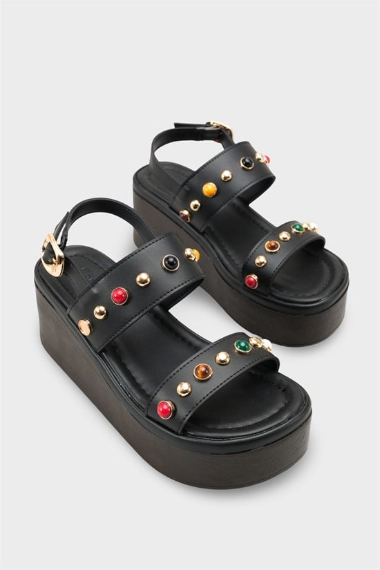 Capone Jennie Wedge Heel Colorful Crystal Embellished Double Band Women Black Sandal image 3