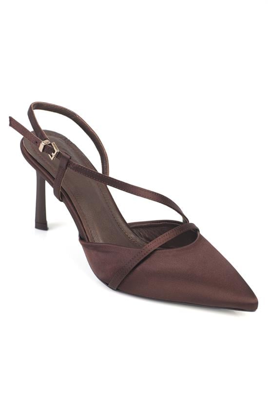 Capone Jodee Genuine Leather Lined Pointed Toe Mid Heel Satin Open Back Women Satin Brown Shoe