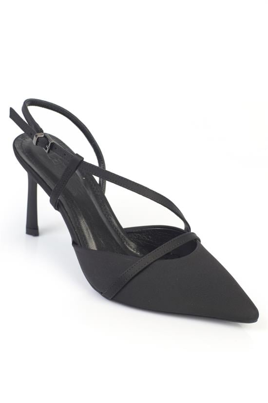 Capone Jodee Genuine Leather Lined Pointed Toe Mid Heel Satin Open Back Women Satin Black Shoe