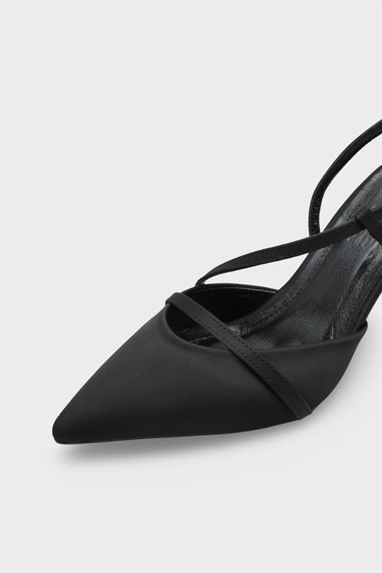 Capone Jodee Genuine Leather Lined Pointed Toe Mid Heel Satin Open Back Women Satin Black Shoe image 4