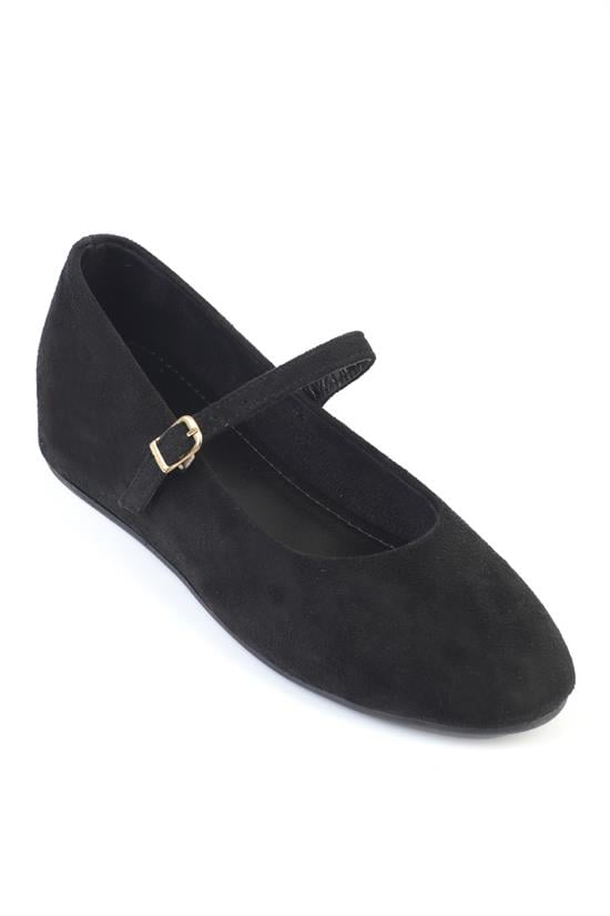 Capone Joell  Suede Look Hidden Wedge Metal Buckle Women Sued Black Ballet Flat